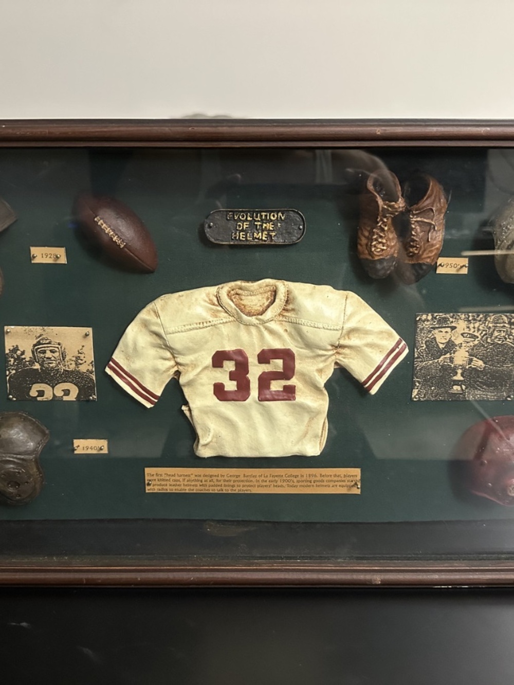 Evolution of the Helmet Football Shadow Box Vintage Display w/ Glass & Gear-Rare